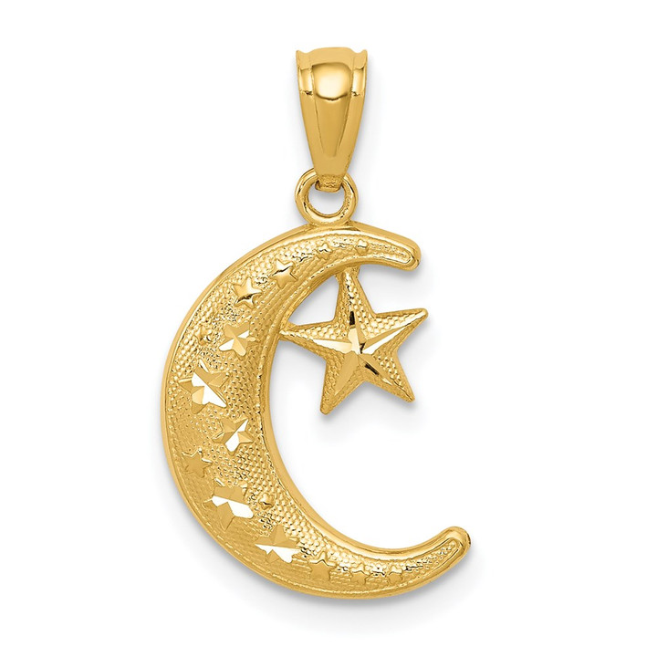 14k Gold Polished and Textured Moon and Stars Pendant K5305
