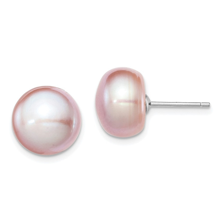 Sterling Silver Rh-plated 11-12mm Purple FWC Button Pearl Earrings QE12696