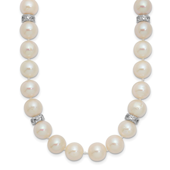 Sterling Silver Rhod-plat 9-10mm White Near Round FWC Pearl CZ Necklace QH5547-18