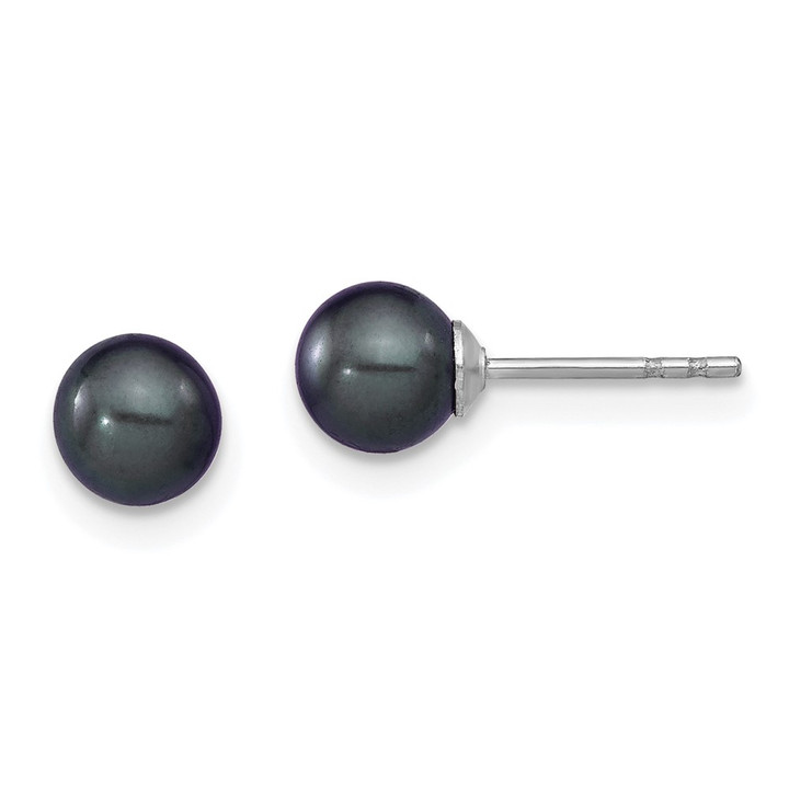 Sterling Silver Rh-plated 5-6mm Black FW Cultured Round Pearl Stud Earrings QE12701