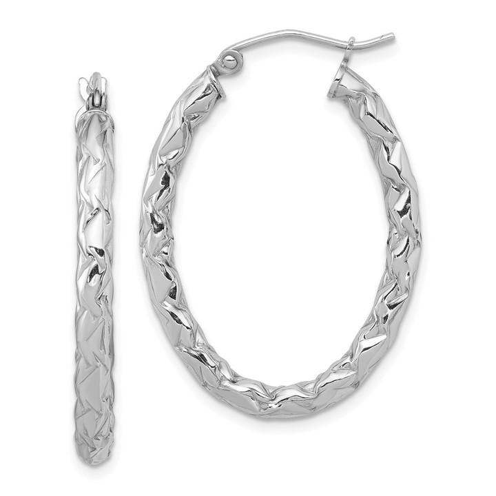 Sterling Silver RH-plated D/C Textured 3mm Oval Hoop Earrings QE11582