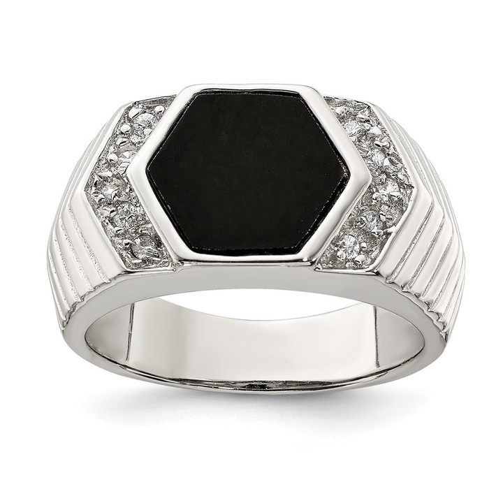 Sterling Silver Rhodium-plated Men's CZ and Onyx Ring QR1280-10