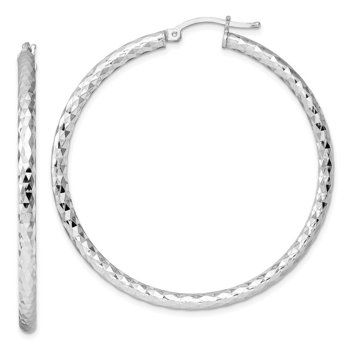 Sterling Silver Rhodium-plated 3.00mm Diamond-cut Hoop Earrings QE3538
