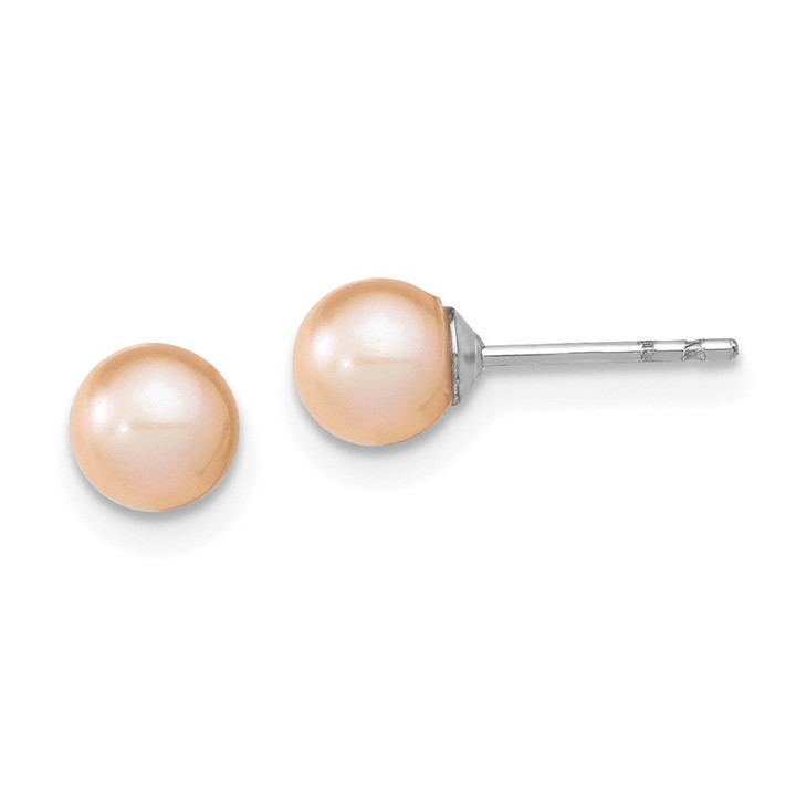 Sterling Silver Rhodium Plated 5-6mm Pink Round Freshwater Cultured Pearl Post Stud Earrings QE12720