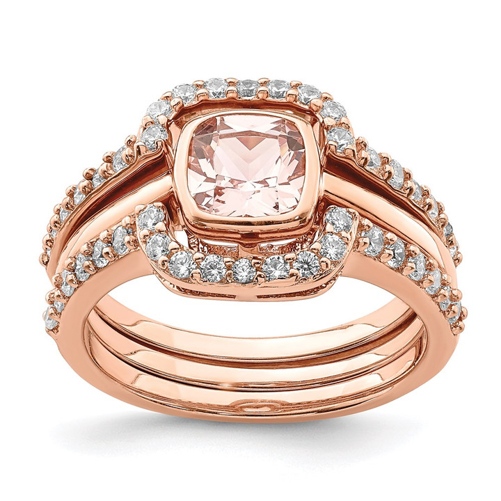 Sterling Silver 3 Piece Rose-tone Pink Crystal & CZ Ring Set QR6935-6