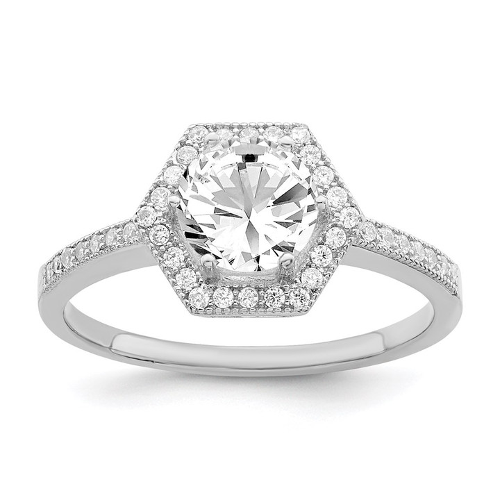 Brilliant Embers Sterling Silver Rhodium-plated 39 Stone Hexagon Halo Micro Pav CZ Ring QMP926-6