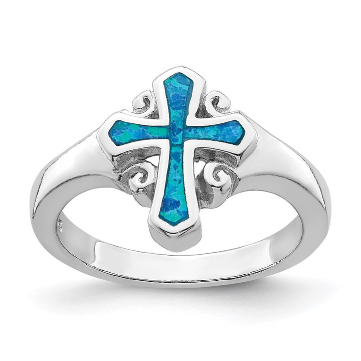 Sterling Silver Rhodium-plated Blue Inlay Created Opal Cross Ring QR6572-7