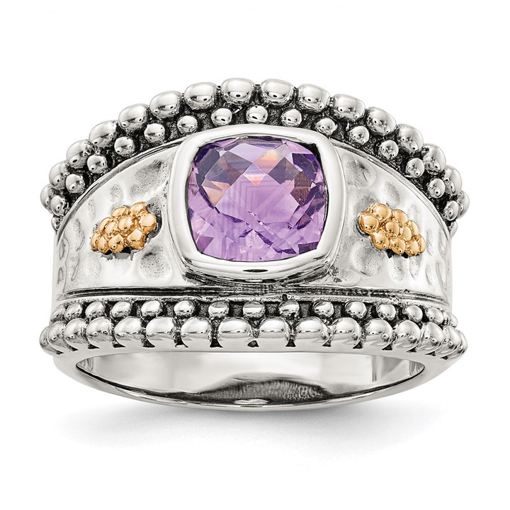Shey Couture Sterling Silver with 14K Accent Antiqued Checkerboard-cut Cushion Bezel Amethyst Ring QTC716-7