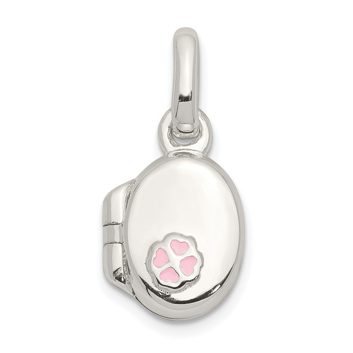 Sterling Silver Polished Pink Enamel Clover Oval Locket Children's Pendant QP4078