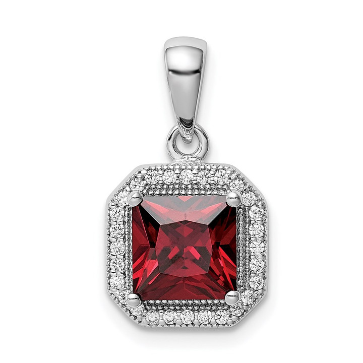 Sterling Silver Rhodium Plated Clear CZ and Square Red CZ Pendant QP5265JAN