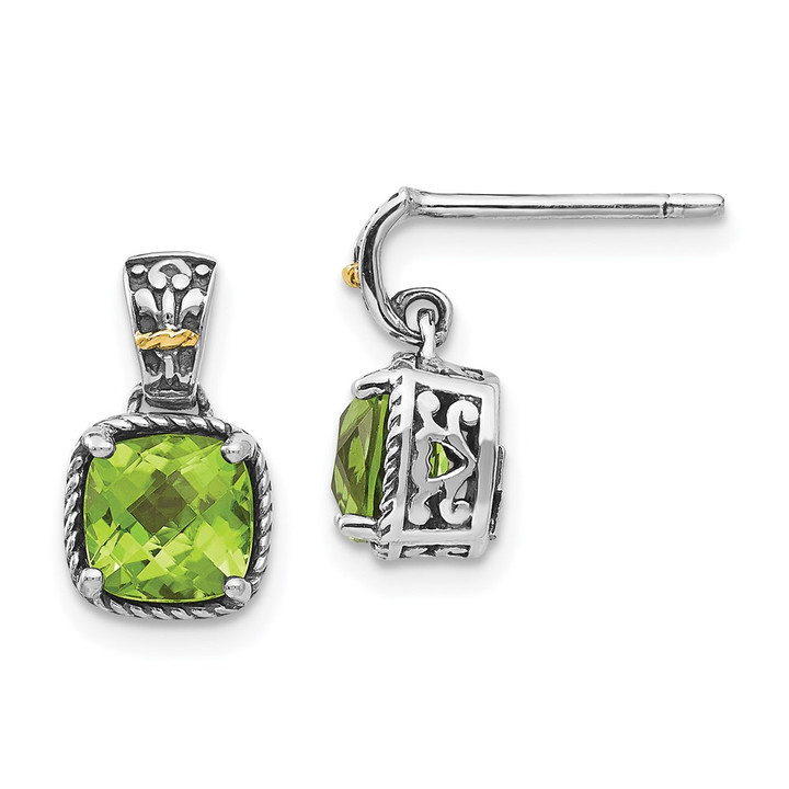Shey Couture Sterling Silver with 14K Accent Antiqued Cushion Peridot Dangle Post Earrings QTC1462
