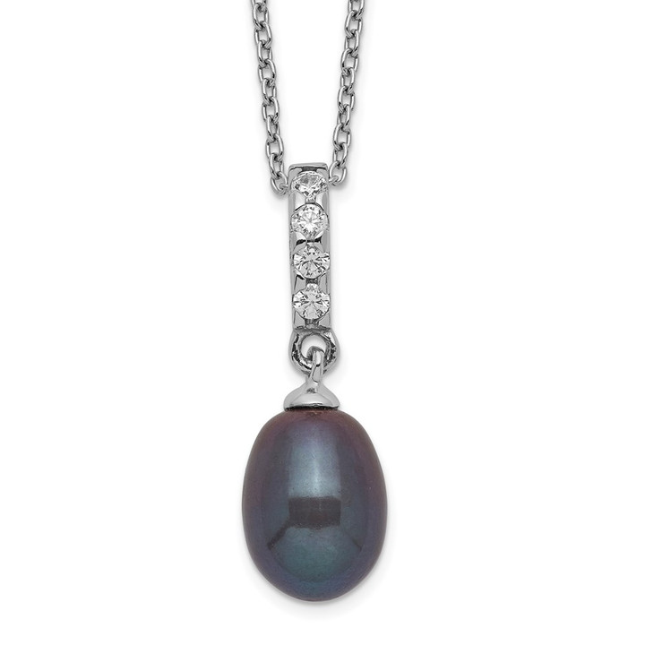 Sterling Silver Rhod-plat 8-9mm Black FWC Pearl CZ Necklace QH5492-17