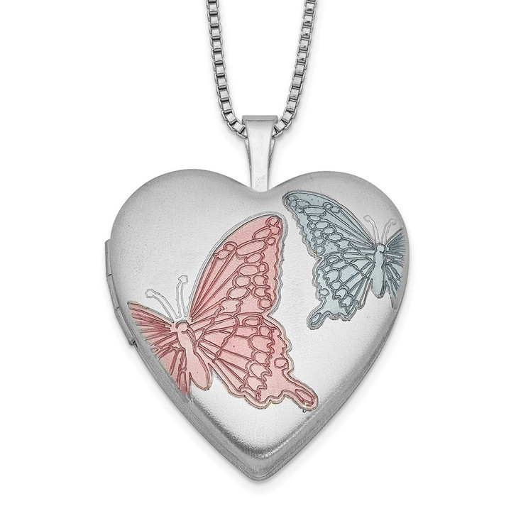 Sterling Silver RH-plated 20mm Enamel Butterflies Heart Locket Necklace QLS230-18