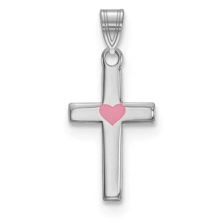 Sterling Silver Rhodium-plated Pink Enameled Heart Cross Charm QXR270