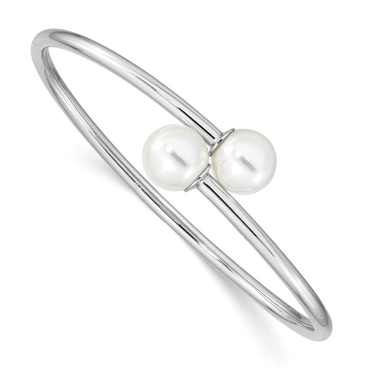 Majestik Sterling Silver Rhodium-plated 10-11mm White Imitation Shell Pearl Bangle Bracelet QMJB133WW
