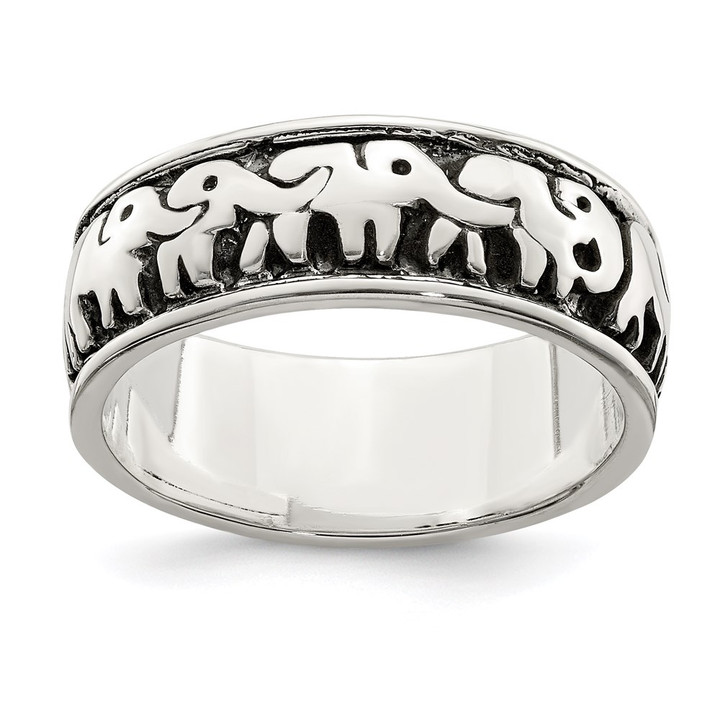 Sterling Silver Polished and Antiqued Elephants Ring QR6115-8
