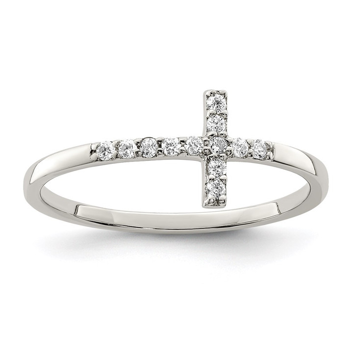 Sterling Silver Rhodium-plated CZ Sideways Cross Ring QR5886-9