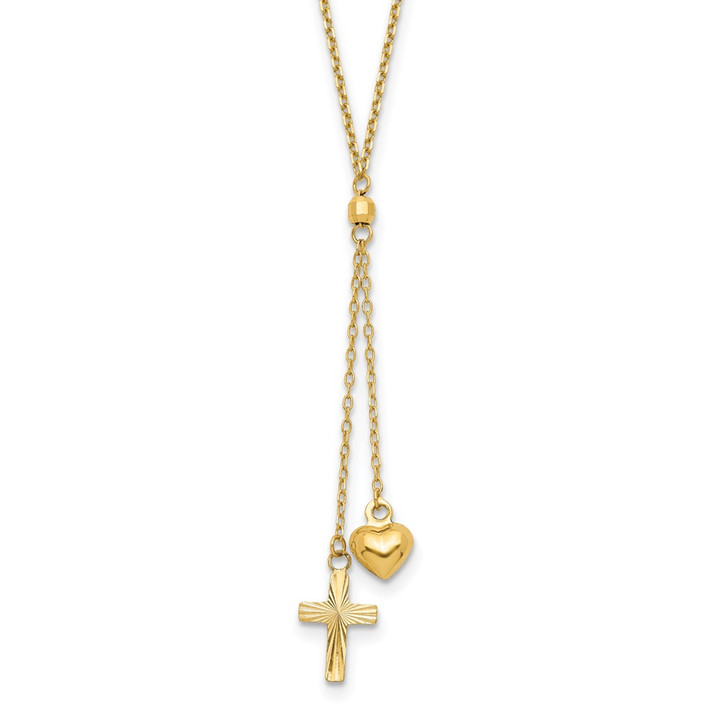 14K Puffed Heart & D/C Cross Graduated Chain W/2 IN Ext Necklace SF2288-16