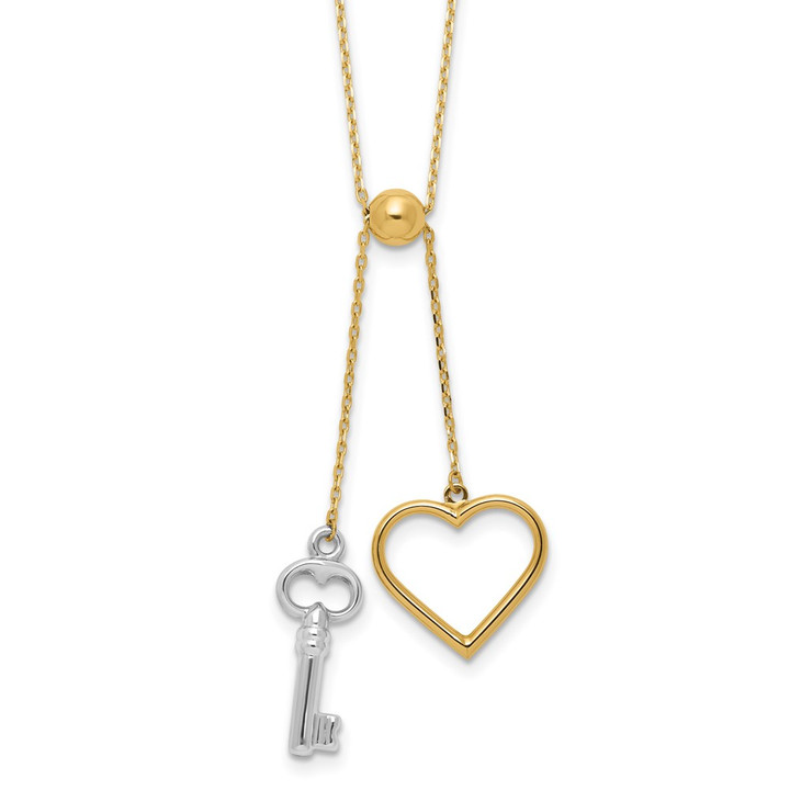 14K Two-tone Polished Adjustable-Dangle Heart and Key Necklace SF3048-17