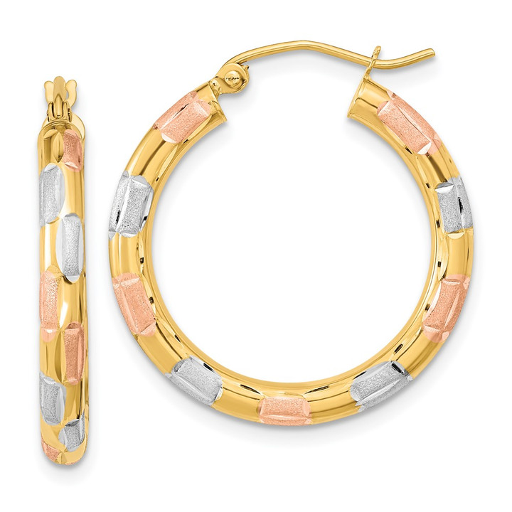 14k w/White and Rose Rhodium Polished Satin Diamond-cut Hoop Earrings TF1019