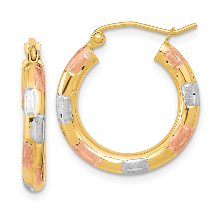 14k w/White and Rose Rhodium Polished Satin Diamond-cut Hoop Earrings TF1018