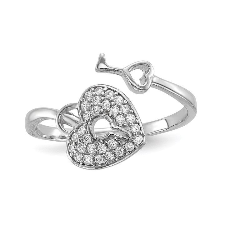 Sterling Silver Rhodium-plated CZ Heart Lock and Key Ring QR6748-8