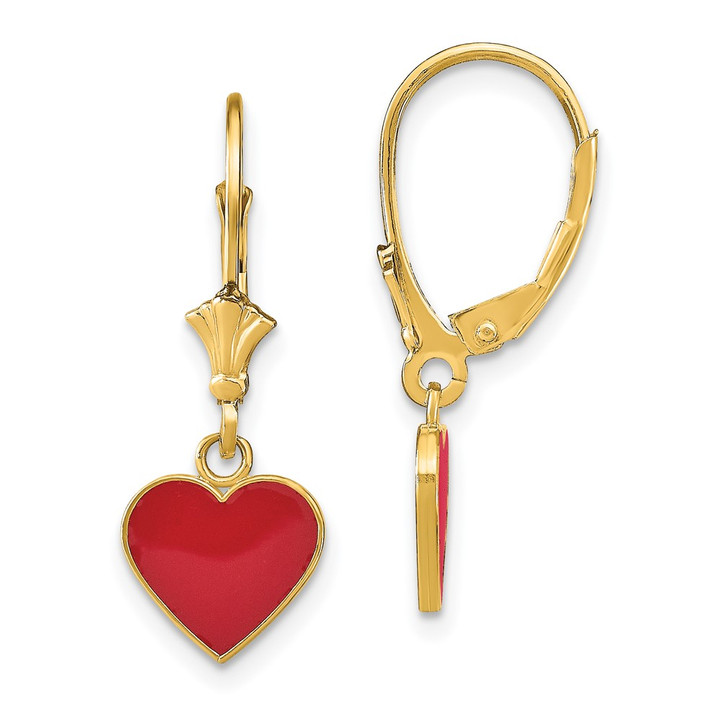 14K Polished Enameled Heart Dangle Leverback Earrings TF1849