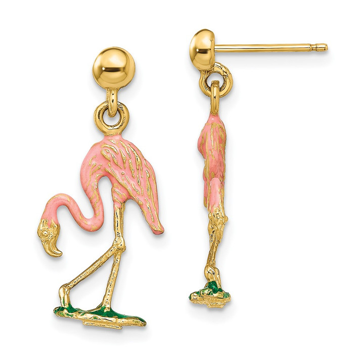 14K w/ Enamel 3-D Flamingo Dangle Earrings TE701