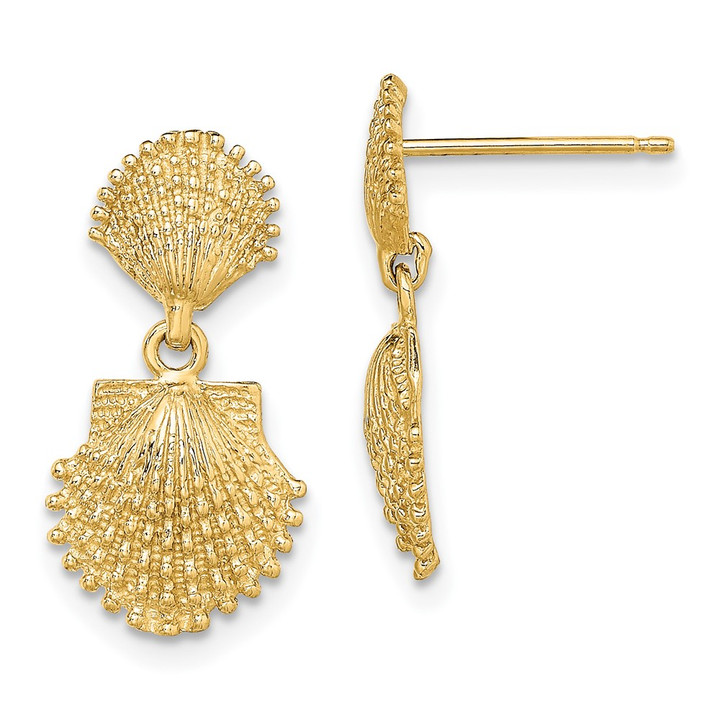 14K Double Beaded Scallop Shell Dangle Earrings TE755