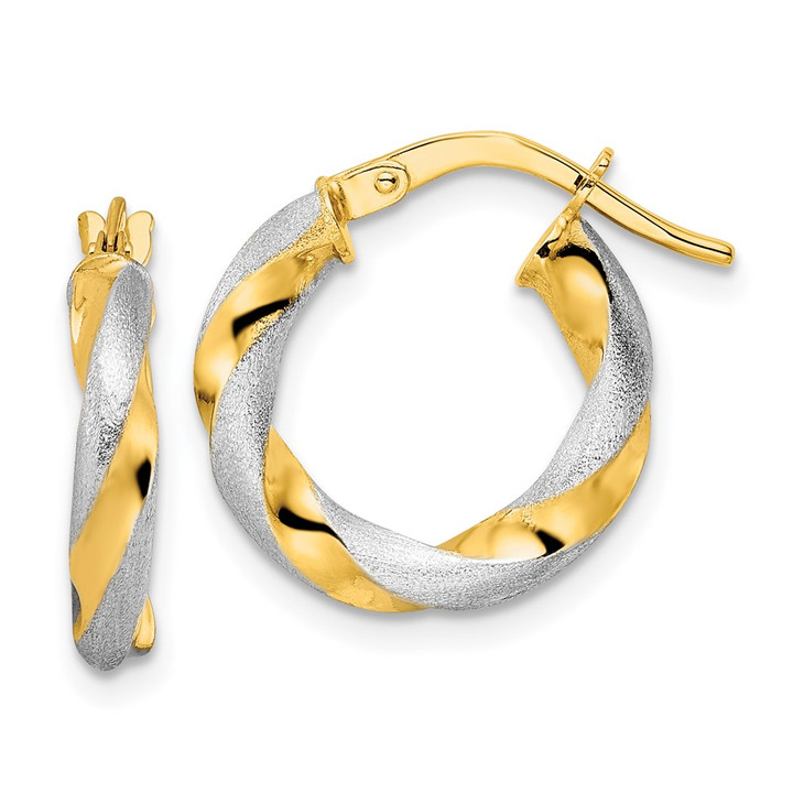 14K w/ White Rhodium Brushed and Polished Twisted Hoop Earrings TF2129