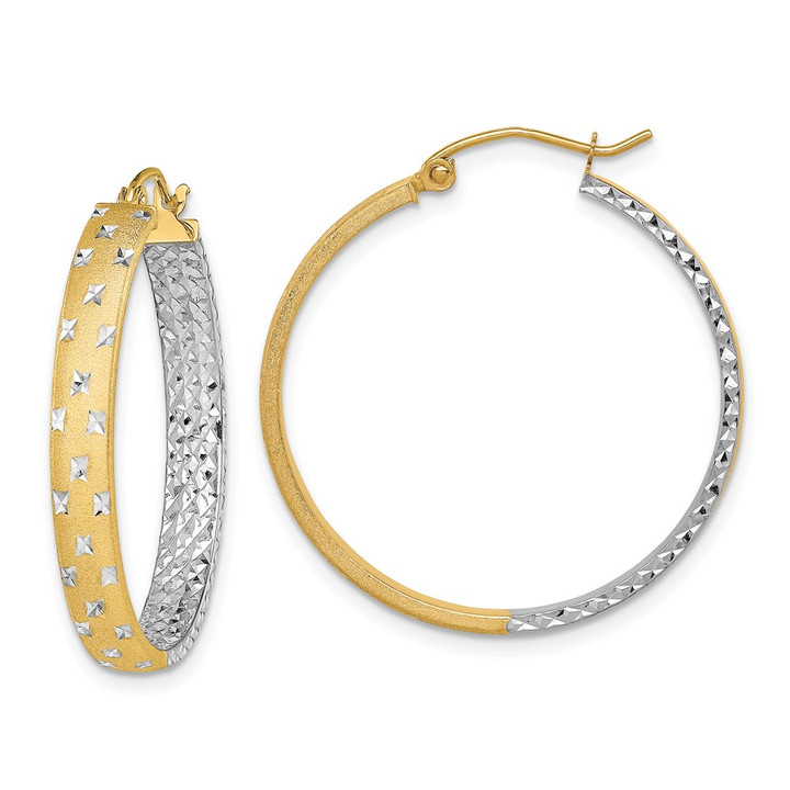 14k w/White Rhodium Polished Satin Diamond-cut In/Out Hoop Earrings TF1577