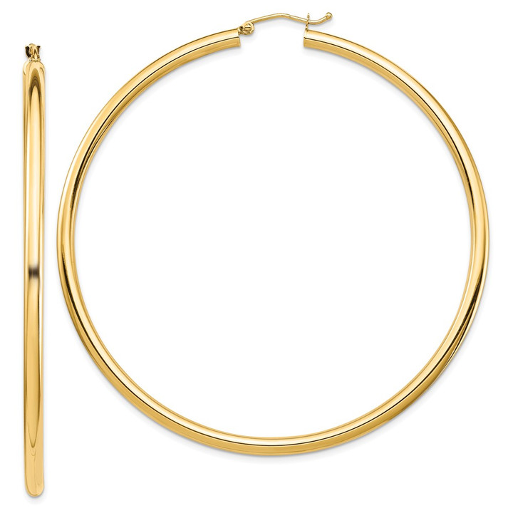 14k Polished 3x70mm Lightweight Round Tube Hoop Earrings TF552L
