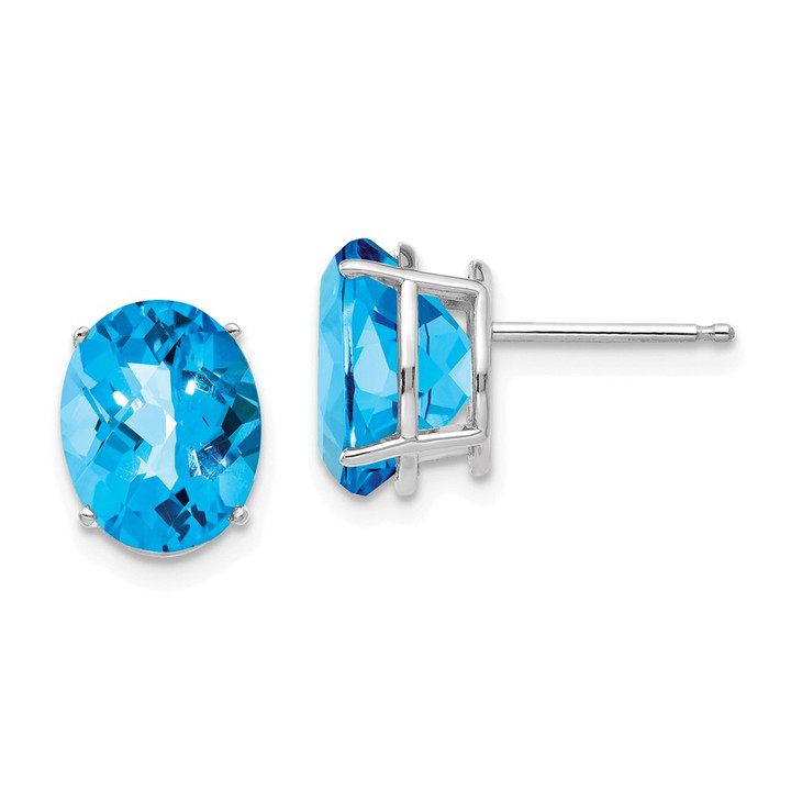14k White Gold 10x8mm Oval Blue Topaz Checker Earrings XE90WBC