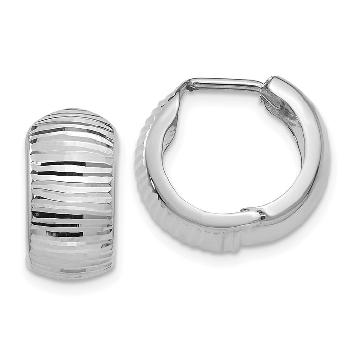 14K White Gold Textured and Polished Hinged Hoop Earrings TF779