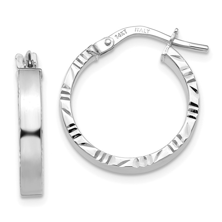 14K White Gold Small 3mm Diamond Cut Edge Polished Hoop Earrings TF815