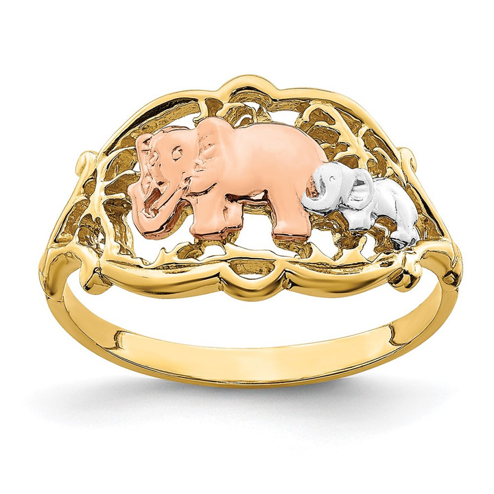 14k Two-Tone w/ White RH Two Elephants Ring R924