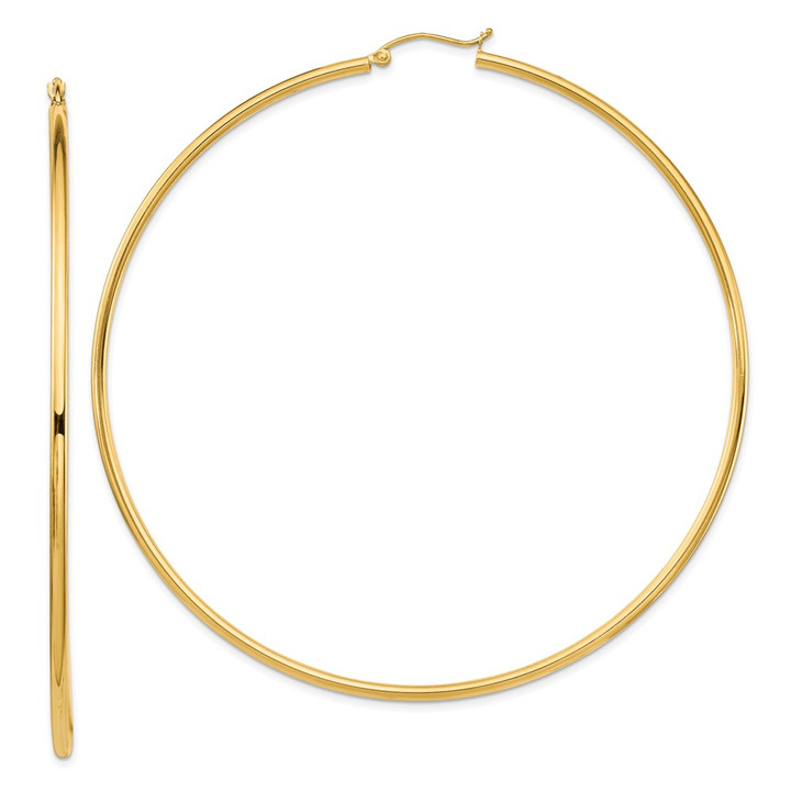 14k Polished 2x80mm Round Tube Hoop Earrings T1157