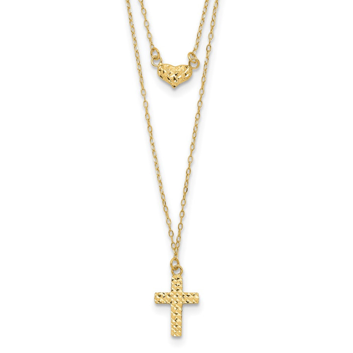 14k Polished 2-Strand D/C Cross & Heart w/2in. Ext. Necklace SF2524-16