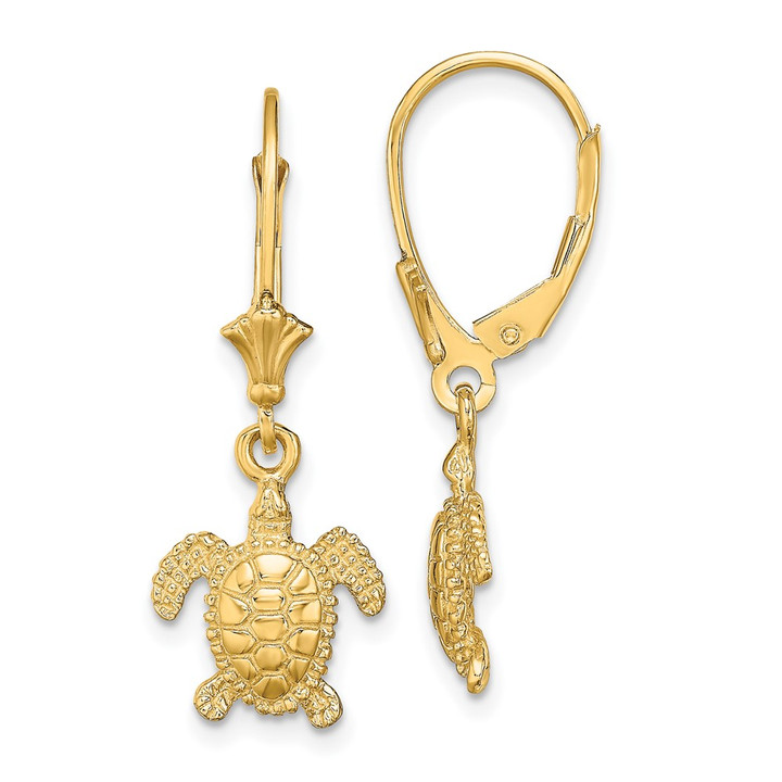 14K 3-D Polished Mini Sea Turtle Leverback Earrings TF1829