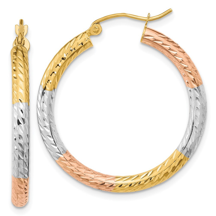14k w/White and Rose Rhodium Polished Diamond-cut Hoop Earrings TF1136