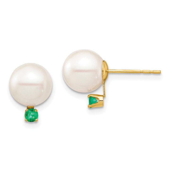 14K 8-8.5mm White Round Freshwater Cultured Pearl Emerald Post Earrings XF754E/E