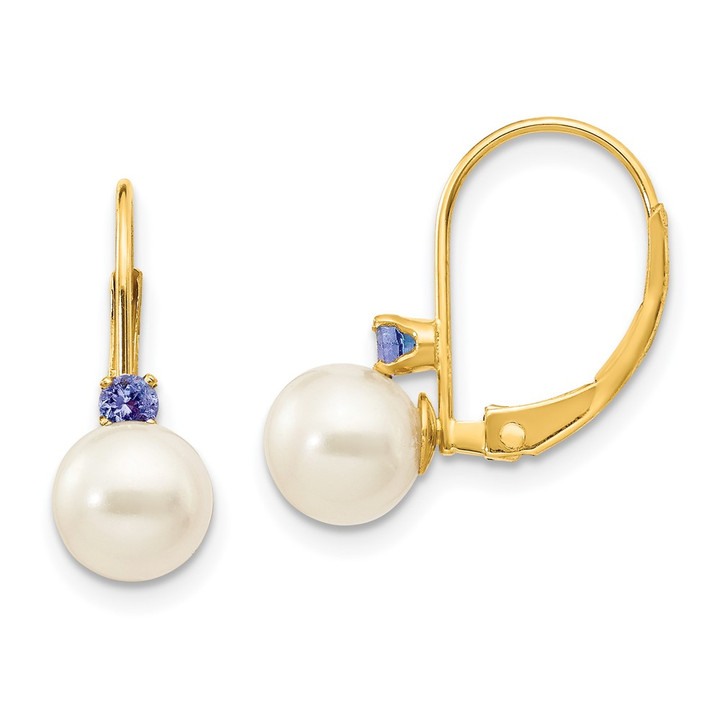 14k 6-6.5mm White Round FW Cultured Pearl Tanzanite Leverback Earrings XLB60T/PL