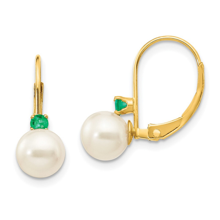 14k 6-6.5mm White Round FW Cultured Pearl Emerald Leverback Earrings XLB60E/PL