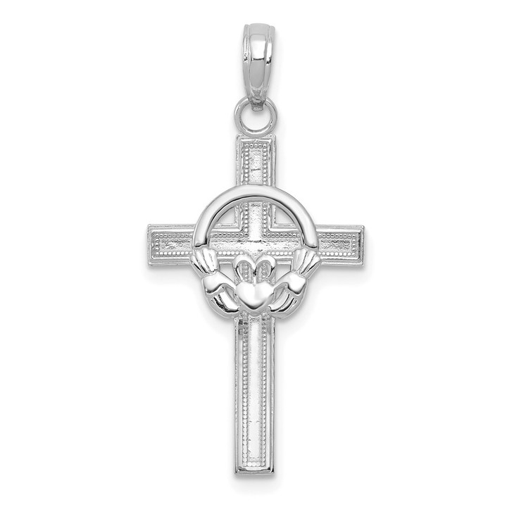 10K White Gold Polished Claddagh Cross Pendant 10M1338W