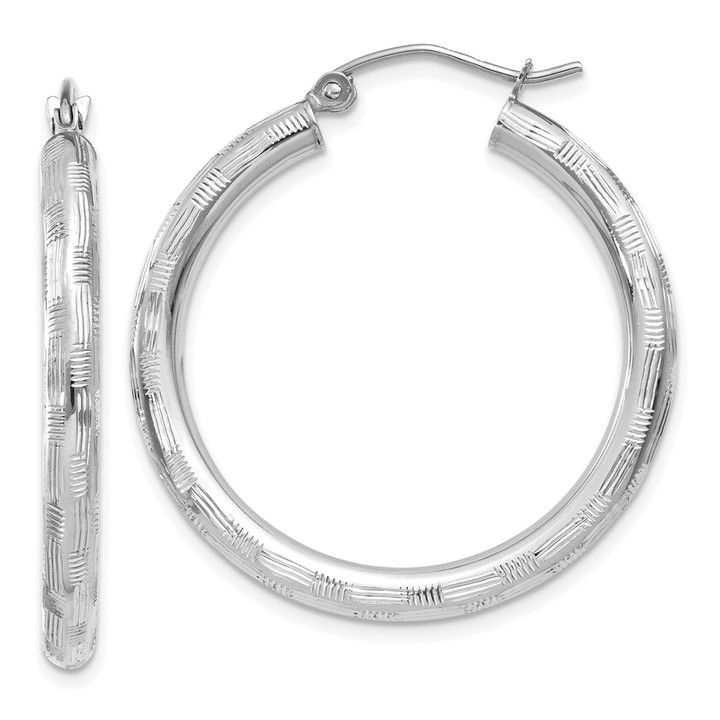 14k White Gold Diamond-cut Hoop Earrings TF625
