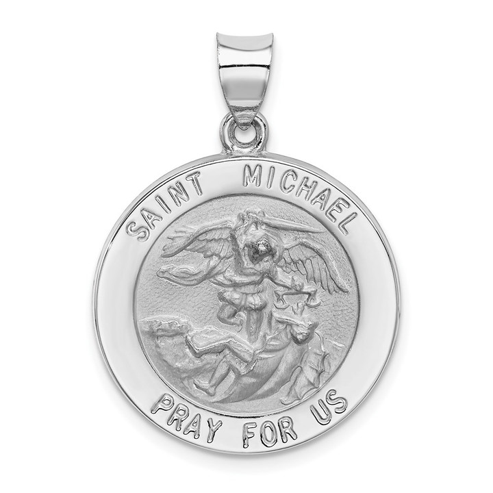 14k White Gold Polished/Satin St Michael Medal Hollow Pendant XR1364