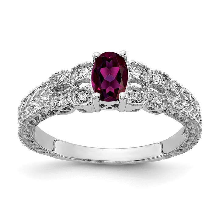 14k White Gold 6x4mm Oval Rhodolite Garnet AAA Diamond ring Y2065RG/AAA