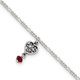 Sterling Silver Dark Pink Crystal Dangling Antiqued Heart 10 inch Anklet QG1209-10