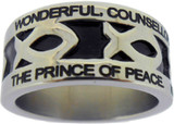SILVER STAINLESS STEEL "HANDEL'S MESSIAH" ICHTHUS RING 609. 
“WONDERFUL, COUNSELLOR, THE MIGHTY GOD, THE EVERLASTING FATHER,” 
“THE PRINCE OF PEACE. KING OF KINGS AND LORD OF LORDS!”
