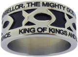 SILVER STAINLESS STEEL "HANDEL'S MESSIAH" ICHTHUS RING 609. 
“WONDERFUL, COUNSELLOR, THE MIGHTY GOD, THE EVERLASTING FATHER,” 
“THE PRINCE OF PEACE. KING OF KINGS AND LORD OF LORDS!”